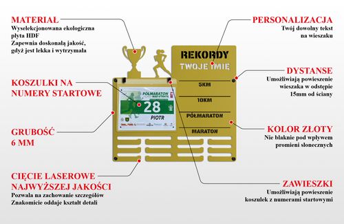 Wieszak na medale i numery startowe REKORDY RUN twoje imię 13.1 na Arena.pl