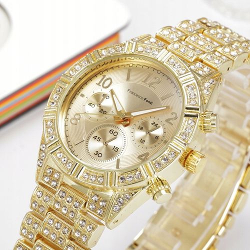 ZŁOTY ZEGAREK DAMSKI Z KRYSZTAŁAMI NA BRANSOLECIE 585 NA PREZENT DLA ŻONY na Arena.pl