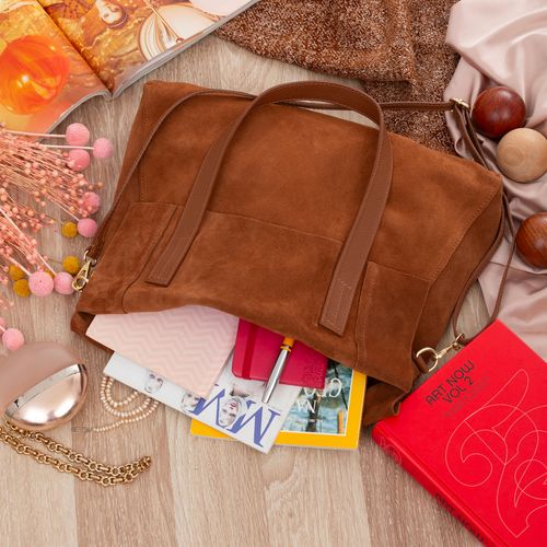 VERA PELLE torebka damska zamszowa shopper z paskiem na ramię V676 brązowa na Arena.pl