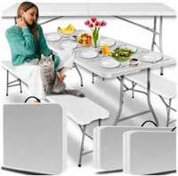 STÓŁ OGRODOWY ROZKŁADANY Plastikowy Cateringowy WALIZKA + 2 ŁAWKI OGRODOWE