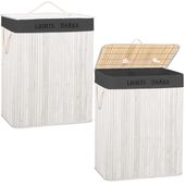 Kosz na pranie dwukomorowy 105l bambusowy z pokrywą biały, szary