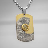 Naszyjnik Męski Złoty Nieśmiertelnik Tytanowy Styl Japoński Fala, ZESTAW