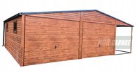 GARAŻ BLASZANY 6m x 6m + 2m. wiata poziom - dwuspad 2x Brama uchylna + drzwi + 2x okno - drewnopodobny BOX85 6x6