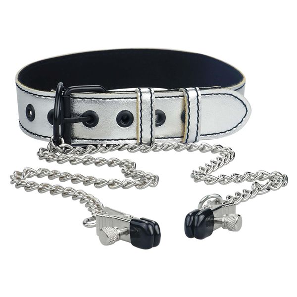 Metallic Silver Collar With Nipple Clamp zdjęcie 1
