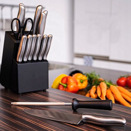 ZESTAW KOMPLET 16 NOŻY KUCHENNYCH STALOWYCH OSTRE W BLOKU STOJAK + na Arena.pl
