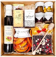 KOSZ PREZENTOWY PREZENT UPOMINEK HERBATA CZEKOLADA KAWA SYROP MALINA