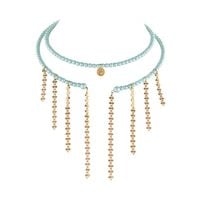 Choker z satynowych, turkusowych perełek, z wiszącymi łańcuszkami