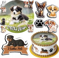 ZESTAW OPŁATEK NA TORT 20CM + 17 POSTACI - PSY PIESEK PIES + IMIĘ 15CM 18CM