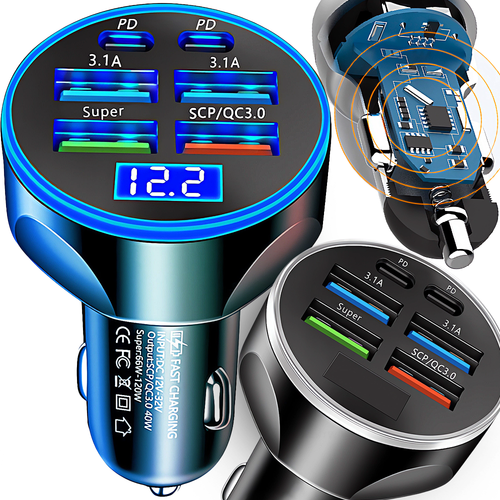 SZYBKA ŁADOWARKA SAMOCHODOWA 6X USB USB-C QC 3.0 KABEL USB 3W1 LIGHTNING na Arena.pl
