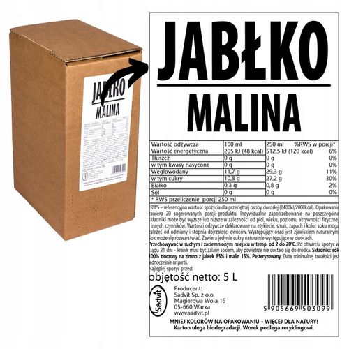 Sok jabłko malina tłoczony naturalny 100% 5L z maliną, malinowy dla na Arena.pl