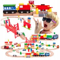 DREWNIANA KOLEJKA ELEKTRYCZNA NA BATERIE TOR POCIĄG WAGONY ZESTAW PREMIUM