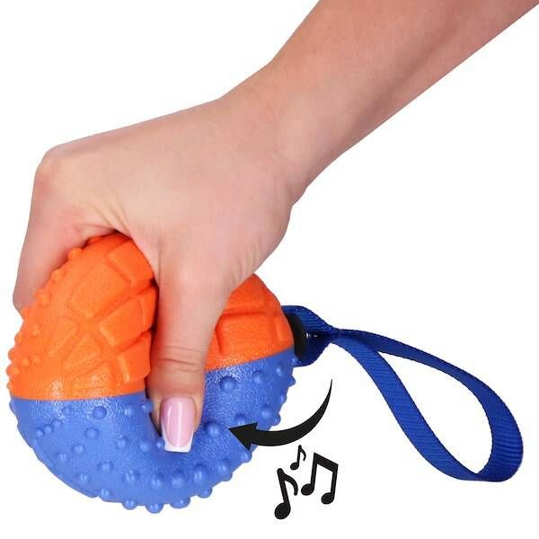 Zabawka dla psa piłka rugby piszcząca gryzak na pasku niebiesko-pomarańczowy zdjęcie 5