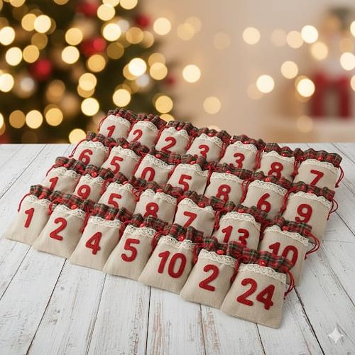 KALENDARZ ADWENTOWY DIY 24 WORECZKI JUTOWE Z KORONKĄ + SZNUREK NUMERY na Arena.pl