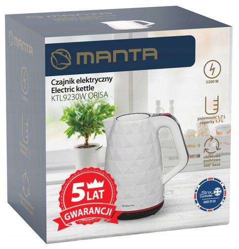 CZAJNIK ELEKTRYCZNY bezprzewodowy BIAŁY CICHY 2200W BEZ BPA FREE 1,7L Manta na Arena.pl