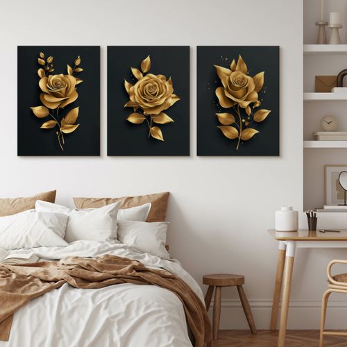 Obrazy Do Sypialni Set Złote Róże Kwiaty Glamour Abstrakcja 90cm x 40cm na Arena.pl