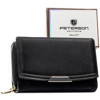 portfel damski ze skóry ekologicznej w czarnym kolorze wyposażony w system