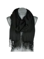 Versoli - ciepły modny szalik frędzle gładki czarny ST-6-9N 180cm x 70cm