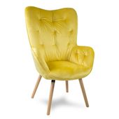 Fotel uszak welur na drewnianych bukowych nogach skandynawski do salonu żółty F906Y