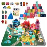 Klocki Drewniane Miasto Zestaw + Puzzle Mata 100 Elementów Kreatywna Zabawa