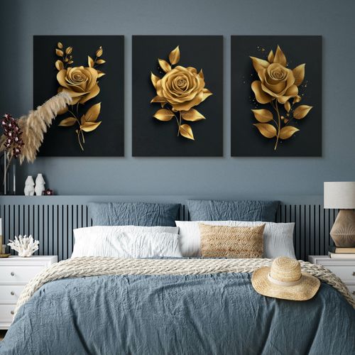 Obrazy Do Sypialni Set Złote Róże Kwiaty Glamour Abstrakcja 90cm x 40cm na Arena.pl