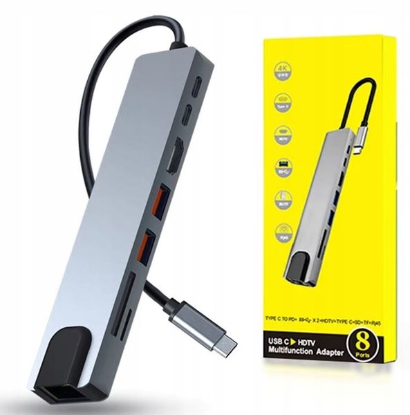 HUB ADAPTER PRZEJŚCIÓWKA USB-C 8w1 2xUSB HDMI SD RJ45 zdjęcie 3