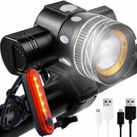 LAMPKA ROWEROWA KOMPLET ZESTAW LED CREE T6 PRZÓD TYŁ 3 TRYBY ZOOM AKU USB