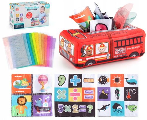SORTER PUDEŁKO Z CHUSTECZKAMI PLUSZOWE SENSORYCZNE MONTESSORI WÓZ STRAŻACKI na Arena.pl