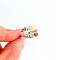 Srebrny Pierścionek bursztyn rubin regulowany, pierścionek bursztynowy 925