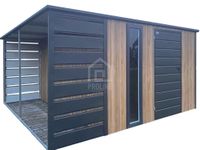 Schowek domek ogrodowy 3×3 + wiata 1×3 drzwi okno dach spad w tył PLG233