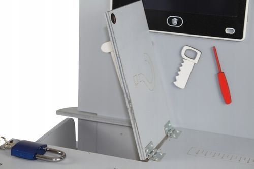 KOLOR Drewniany warsztat majsterkowicz tablet kłódka imadło schowek piła PL na Arena.pl