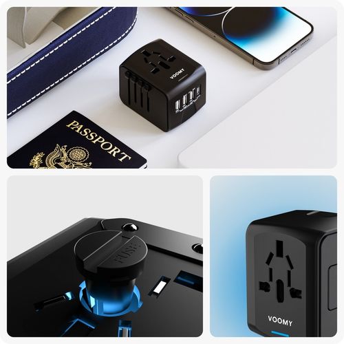 Wtyczka światowa VOOMY - 170+ krajów, 20W, 3 USB-A & 1 USB-C, Czarna na Arena.pl