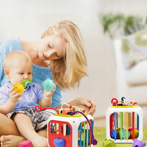 SORTER KLOCKÓW GUMKI ELASTYCZNA MULTI KOSTKA MONTESSORI SENSORYCZNA 7w1 na Arena.pl