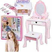 DREWNIANA TOALETKA DLA DZIEWCZYNKI LUSTRO TABORET + AKCESORIA SPINKI GUMKI