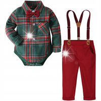 Garnitury chłopięce z Romperem w kratę, Szelki, Czerwone Pant Green rozmiar