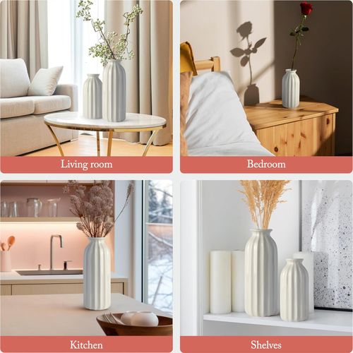 Zestaw 2 Ceramicznych Wazonów Żebrowanych Białe Szkliwione w Stylu Boho na Arena.pl