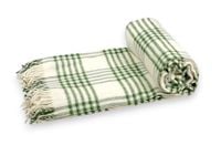 Koc Wełniany 155X200 Zielony Ecru W Linie Z Frędzlami Pled Narzuta