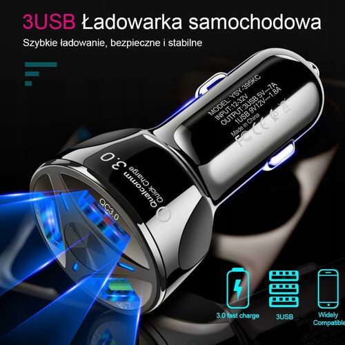 SZYBKA SAMOCHODOWA ŁADOWARKA 3xUSB QUALCOMM QC 3.0 na Arena.pl