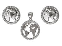 Delikatny rodowany okrągły srebrny komplet nasza planeta mapa świata białe cyrkonie srebro 925 Z0689