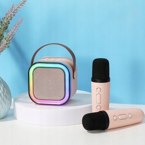 BEZPRZEWODOWY PRZENOŚNY ZESTAW DO KARAOKE GŁOŚNIK RGB 2 MIKROFONY USB na Arena.pl