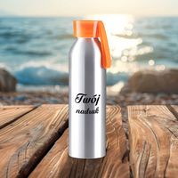 Srebrny bidon 650 ml z Twoim nadrukiem z pomarańczową nakrętką