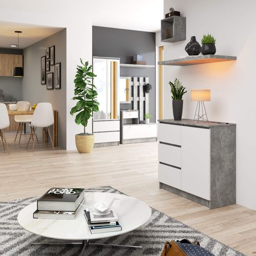 Komoda 80 cm JERRY nowoczesna 1 drzwi 3 szuflady - beton biała na Arena.pl