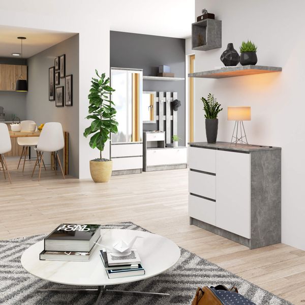 Komoda 80 cm JERRY nowoczesna 1 drzwi 3 szuflady - beton biała zdjęcie 5