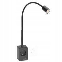 Kinkiet LED do czytania, czarny, z wtyczką, gniazdem i USB