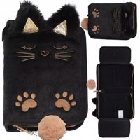 PIÓRNIK SZKOLNY ROZKŁADANY DWUKLAPKOWY DLA DZIEWCZYNKI CZARNY PLUSZOWY KOT