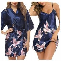 Piżama SATYNOWA damska BIELIZNA dwuczęsciowa KOMPLET koszulka SZLAFROK M