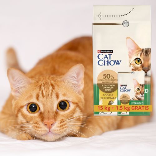 sucha karma dla kotów sterylizowanych cat chow kurczak 15 kg + 1.5kg gratis na Arena.pl