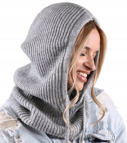 Czapka damska szara KAPTUR modny balaclava Kominiarka komin miekka zimowa na Arena.pl