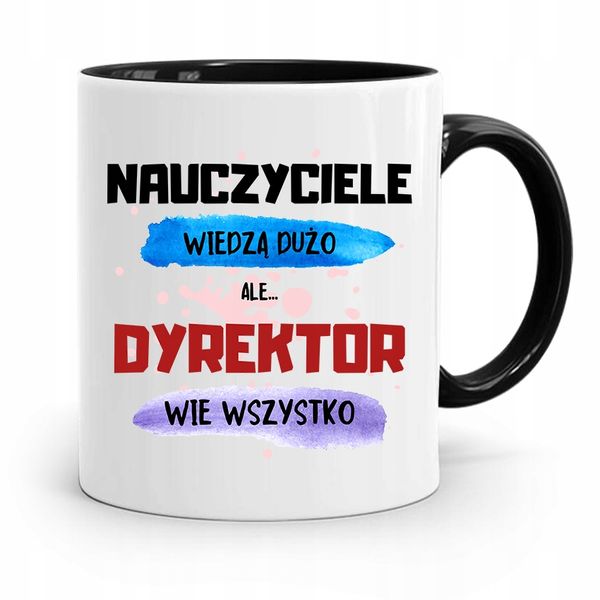 Dla Dyrektora Kubek Czarny Wie Wszystko Prezent Z Nadrukiem Ze Zdjęciem zdjęcie 1