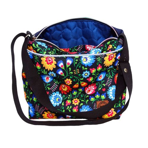 Torebka Na Ramię z Motywem Ludowych Kwiatów i Granatową Ekoskórą – Handmade na Arena.pl
