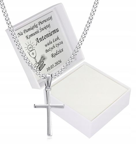 Krzyżyk srebrny łańcuszek zestaw komunijny dla chłopca na prezent chrzest na Arena.pl
